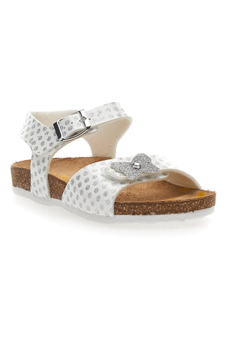 Sandali Bianchi con Pois e Farfalla Argento Glitter Pittarello Bio 257112