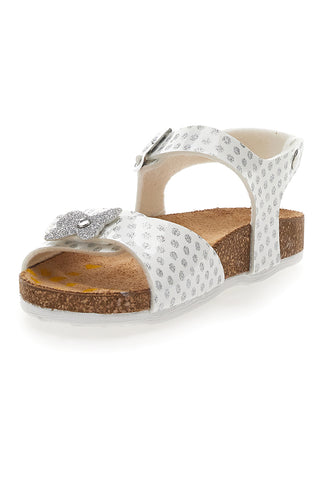 Sandali Bianchi con Pois e Farfalla Argento Glitter Pittarello Bio 257112