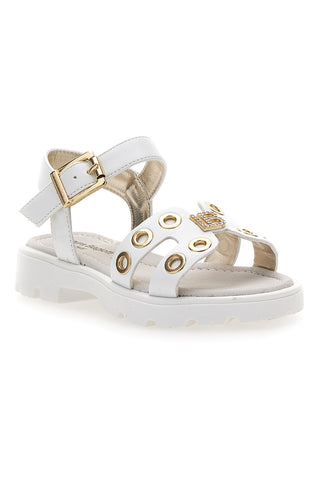 Weiße Sandalen mit goldenen Nieten und Juwelenlogo Laura Biagiotti G1728316313