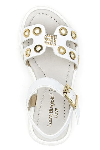 Weiße Sandalen mit goldenen Nieten und Juwelenlogo Laura Biagiotti G1728316313