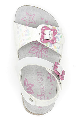Pitt Kids 14505 Weiße Sandalen mit Leopardenmuster und rosa Schnallen
