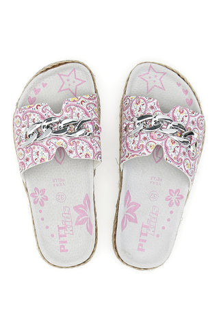 Weiße Hausschuhe mit rosa Muster und dekorativer Kette Pitt Kids 14506