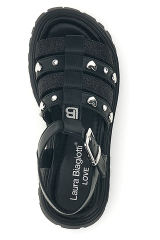 Schwarze Glitzer-Sandalen mit Nieten und Schnallen Laura Biagiotti 9021C9766