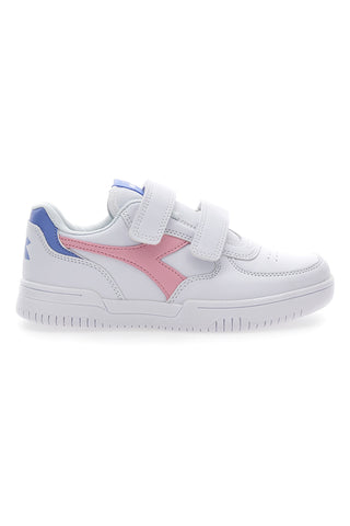 Weiße Turnschuhe mit rosafarbenem Diadora Raptor Low PS-Logo