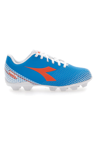 Hellblaue Fußballschuhe für festen Untergrund mit orangefarbenem Diadora Pichichi 6 Md Jr-Logo