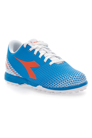 Hellblaue Kunstrasen-Fußballschuhe mit orangefarbenem Diadora Pichichi 6 Tf Jr-Logo