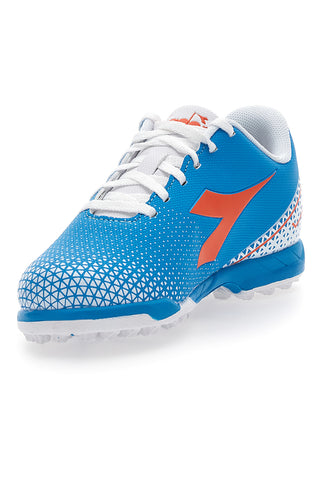 Hellblaue Kunstrasen-Fußballschuhe mit orangefarbenem Diadora Pichichi 6 Tf Jr-Logo