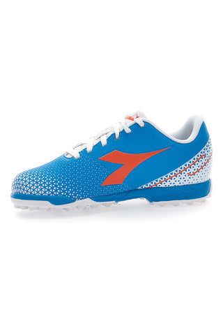 Hellblaue Kunstrasen-Fußballschuhe mit orangefarbenem Diadora Pichichi 6 Tf Jr-Logo