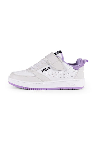Weiße Turnschuhe mit lila Fila Rega-Klettsohle