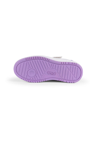 Weiße Turnschuhe mit lila Fila Rega-Klettsohle
