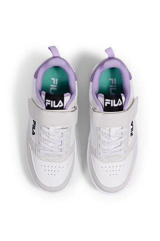 Weiße Turnschuhe mit lila Fila Rega-Klettsohle