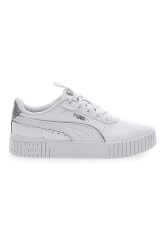 Weiße und silberne Plateau-Sneaker Puma Carina 2.0 Pop Up Mtllcs Ps
