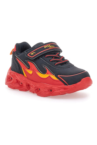 Schwarze Sneakers mit seitlicher roter Flamme und Lichtern Pitt Kids K22886