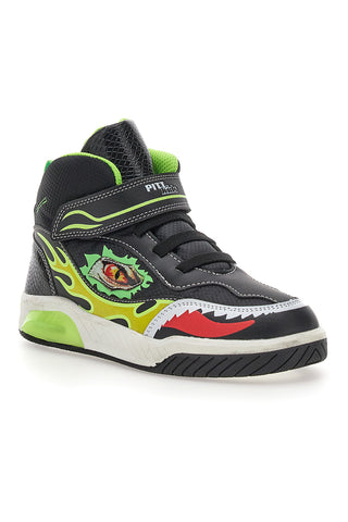 Schwarze Sneakers mit buntem Aufdruck und Lichtern Pitt Kids K211020