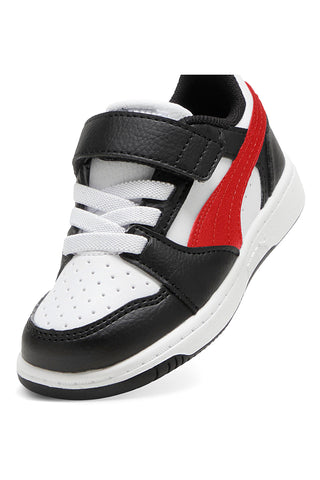 Puma Rebound V6 Lo AC+ Inf Kinder-Sneaker in Schwarz und Weiß mit roten Details
