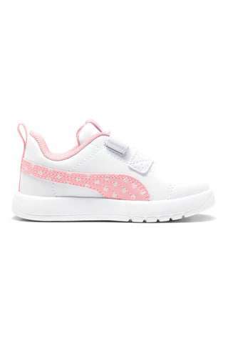 Puma Courtflex V3 Dotty V Inf Sneaker in Weiß und Pink mit Klettverschluss und Tupfendetails