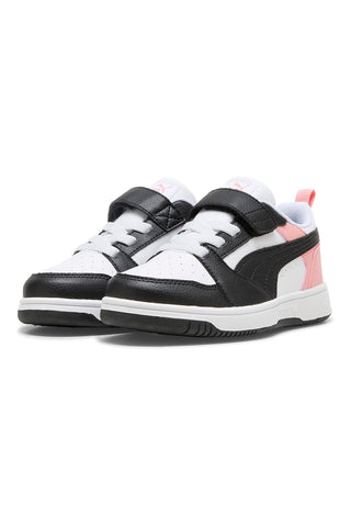 Puma Rebound V6 Lo AC+ PS Low-Top-Sneaker mit Klettverschluss in Weiß, Schwarz und Pink