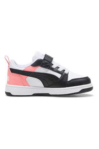 Puma Rebound V6 Lo AC+ PS Low-Top-Sneaker mit Klettverschluss in Weiß, Schwarz und Pink