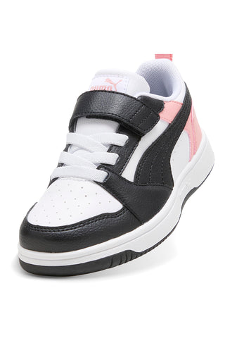 Puma Rebound V6 Lo AC+ PS Low-Top-Sneaker mit Klettverschluss in Weiß, Schwarz und Pink