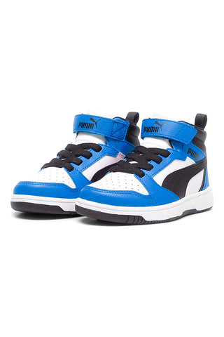 Sneakers mid bianche e blu con strappo Puma Rebound V6 Mid AC+ PS