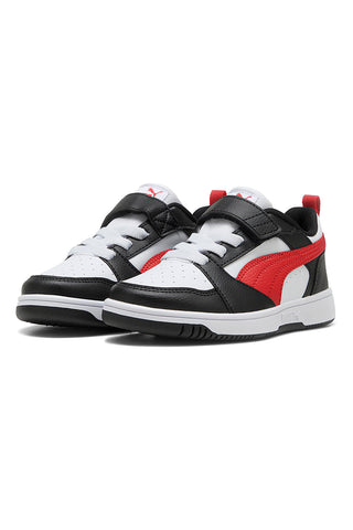 Puma Rebound V6 Lo AC+ PS Low-Top-Sneaker mit Klettverschluss in Weiß, Schwarz und Rot