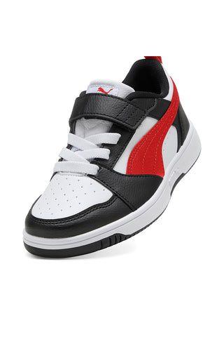 Puma Rebound V6 Lo AC+ PS Low-Top-Sneaker mit Klettverschluss in Weiß, Schwarz und Rot