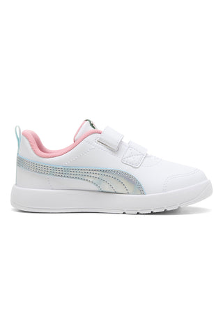 Weiße Sneaker mit blauen und rosa Details, Doppelriemen, Puma Courtflex V3 Space Belle V PS