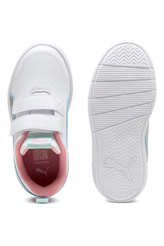 Weiße Sneaker mit blauen und rosa Details, Doppelriemen, Puma Courtflex V3 Space Belle V PS