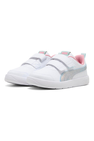 Weiße Sneaker mit blauen und rosa Details, Doppelriemen, Puma Courtflex V3 Space Belle V PS