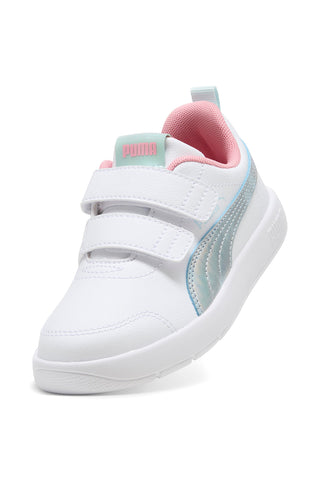 Weiße Sneaker mit blauen und rosa Details, Doppelriemen, Puma Courtflex V3 Space Belle V PS