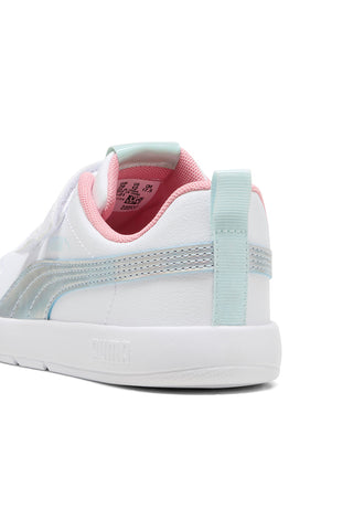Weiße Sneaker mit blauen und rosa Details, Doppelriemen, Puma Courtflex V3 Space Belle V PS