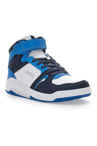 Joma Platea Mid Jr – weiße und blaue Mid-Cut-Sneaker mit Klettverschluss