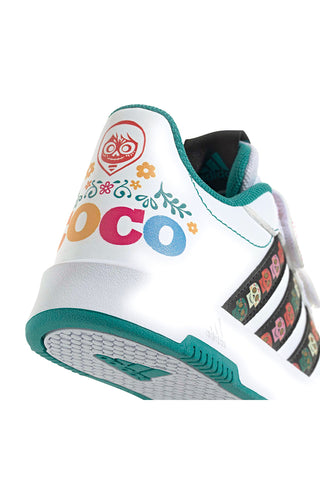 Weiße Adidas Tensaur Coco CF K Sneakers mit bunten Details und Klettverschluss