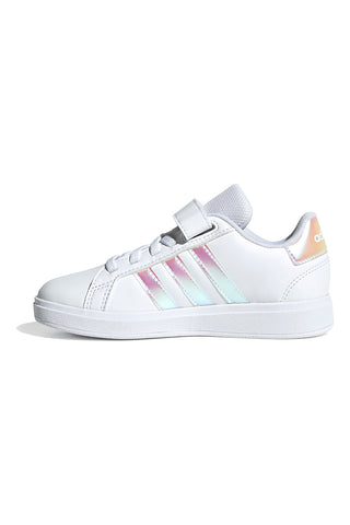 Adidas Grand Court 2.0 EL C – Weiße Sneakers mit schillernden Streifen und Klettverschluss