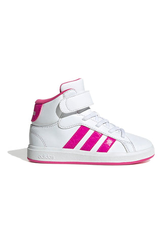 Adidas Grand Court Mid K – Weiße, mittelhohe Sneakers mit fuchsiafarbenen Streifen