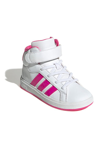 Adidas Grand Court Mid K – Weiße, mittelhohe Sneakers mit fuchsiafarbenen Streifen