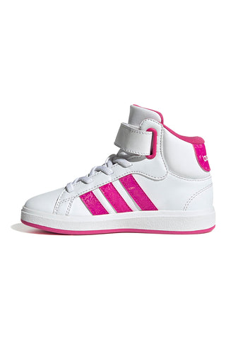 Adidas Grand Court Mid K – Weiße, mittelhohe Sneakers mit fuchsiafarbenen Streifen