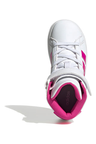 Adidas Grand Court Mid K – Weiße, mittelhohe Sneakers mit fuchsiafarbenen Streifen