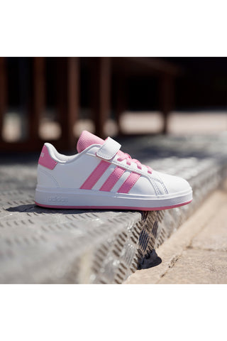 Adidas Grand Court 2 EL C weiße Sneakers mit rosa Streifen und Klettverschluss