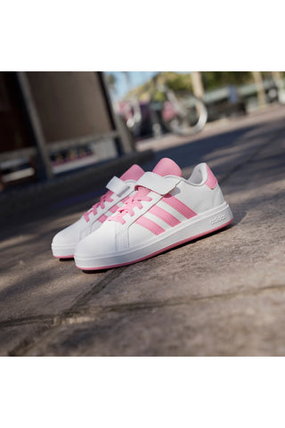 Adidas Grand Court 2 EL C weiße Sneakers mit rosa Streifen und Klettverschluss