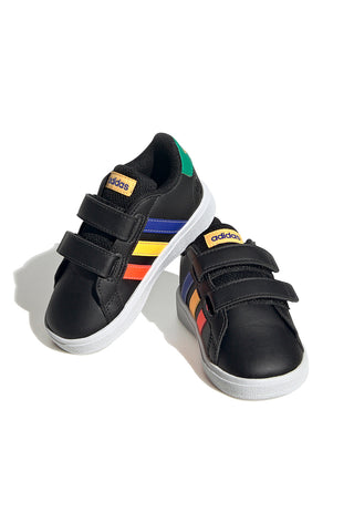 Adidas Grand Court 2 CF I schwarze Schuhe mit mehrfarbigen Details und Klettverschluss