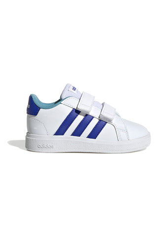 Adidas Grand Court 2 CF I weiße Schuhe mit blauen Streifen und Klettverschluss