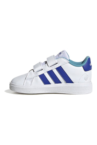 Adidas Grand Court 2 CF I weiße Schuhe mit blauen Streifen und Klettverschluss