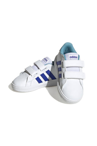Adidas Grand Court 2 CF I weiße Schuhe mit blauen Streifen und Klettverschluss