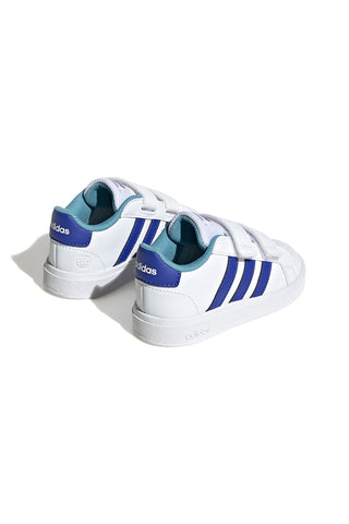 Adidas Grand Court 2 CF I weiße Schuhe mit blauen Streifen und Klettverschluss
