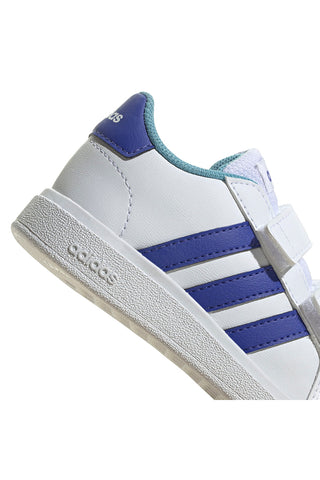 Adidas Grand Court 2 CF I weiße Schuhe mit blauen Streifen und Klettverschluss