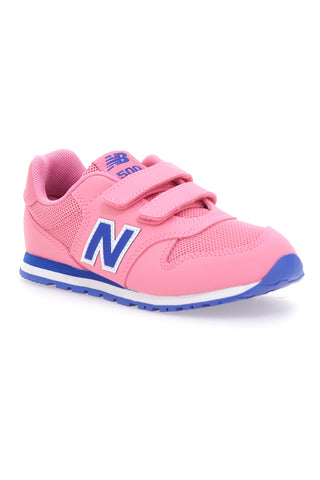 Sneaker rosa con doppio strappo e logo blu New Balance 500