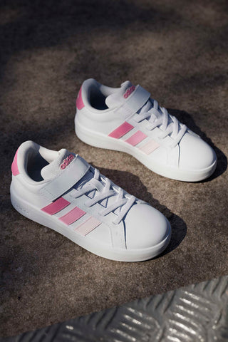 Weiße Sneakers mit rosa Details und Klettverschluss Adidas Grand Court 3.0 El C