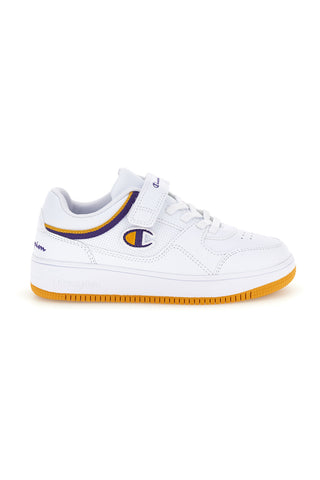 Sneakers bianche con dettagli viola e gialli e strappo Champion RD18 LOW B PS