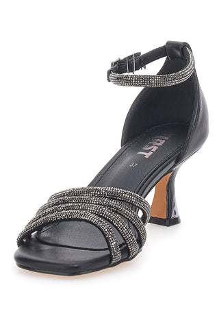 THE FIRST 612 Schwarze Sandalen mit Schmucksteinen, niedrigem Absatz und Glitzerriemen